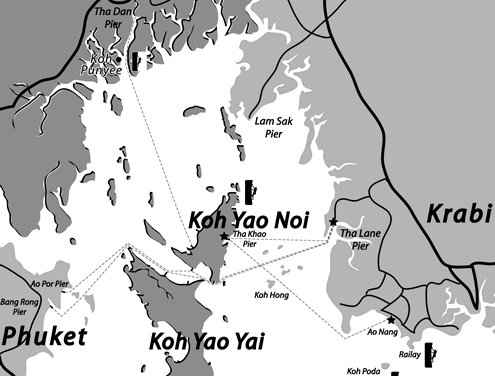 Map- getting to Koh Yao Noi, from Krabi, Railay Thailand